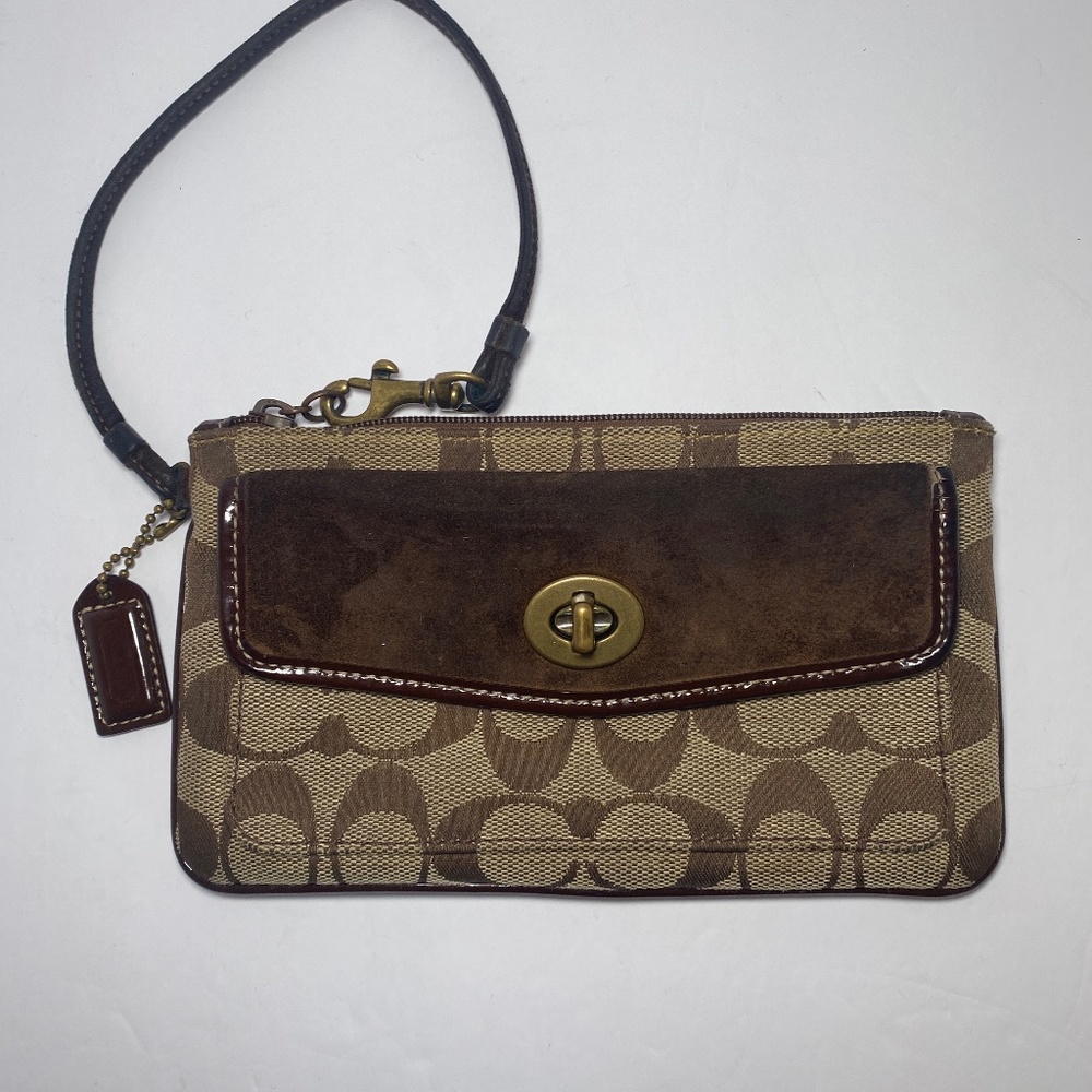 Coach wristlet signature jaquard brown purse Suede Logo turn lock with hangtag